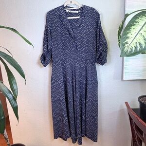 Ms Chaus Vintage Navy Blue White Confetti  Pattern Collar Buttoned Midi Dress 12
